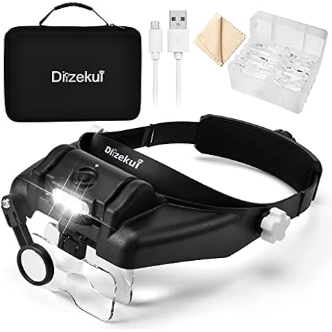 Dilzekui Magnifying Glass with Light 1X to 14X, Rechargeable Magnifying Glasses, Head Mount Manifying Glass, Headset Magnifier with Detachable Lens, Headband Magnifier for Close Work Jewelers Crafts Cover