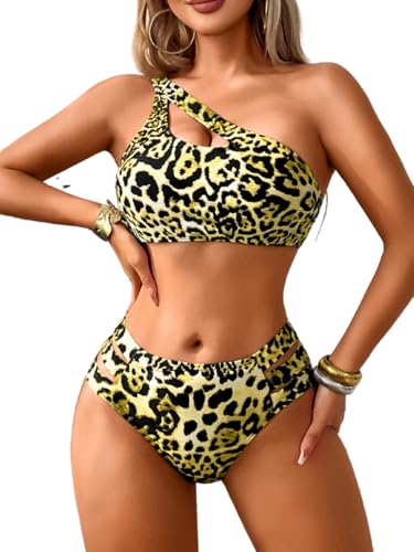 Cheetah Print Bikini Sets, One Shoulder Cut Out, Two Piece Cheeky Swimsuits High Leg Cut Bathing Suit for Women