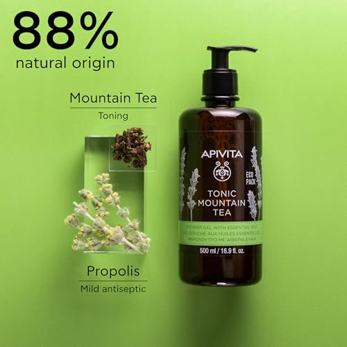 APIVITA Tonic Mountain Tea Shower Gel | Gently Cleanses, Revitalizes & Preserves Moisture with Mountain Tea, Propolis & Essential Oils