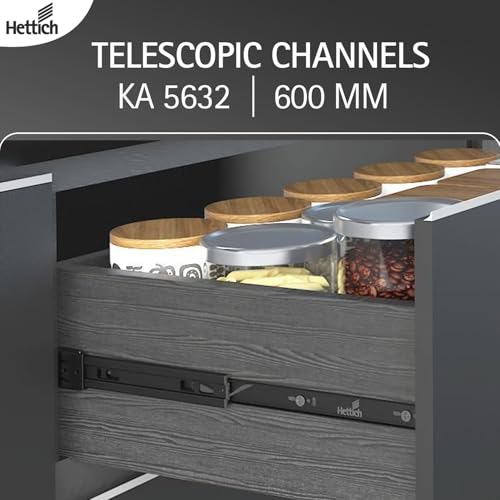 Image of Hettich KA 5632 Side Mounted Telescopic Ball Bearing Drawer Channel, 600 mm, Black Finish, 45 kg Load Capacity, Full Extension, Galvanised Steel, for Home Kitchen & Wardrobe, 2 Pieces