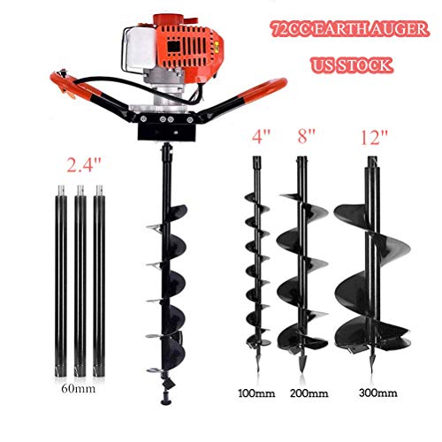 QUECAOCF 72cc 2 Stroke Petrol Gas Powered Post Hole Digger with 3 Earth