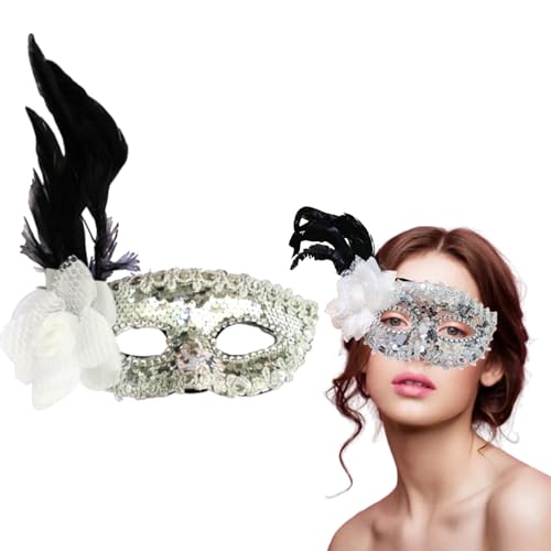 Image of Wanna Party Women's Silver Sequin Eye Mask with White Flower for Masquerade Party,Fancy Dress Costume, New Year Party