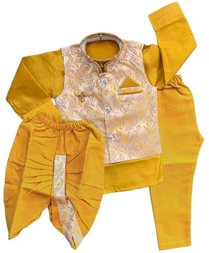 Image of Little Kids Ethnic Wear Kurta Pyjama and Waistcoat Set For Boys | Stylish Ethnic Wear | 3-piece set | Silk and Cotton Blend Fabric