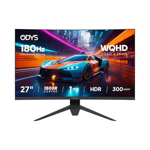 ODYS Q27-X Curved Gaming Monitor – 27 Zoll (69 cm) WQHD 2560×1440, 180Hz, 1ms MPRT, 1500R Curved VA Panel, HDR, 2× HDMI 2.1, 2× DisplayPort 1.4 – Gaming & Home Office Monitor