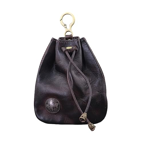 Genuine Leather Drawstring Pouch, Leather Coin Purse Pouch Keychain Mini Vintage Jewelry Key Dice Personality Change Coin Purse Pouch Bag Organizer for Men Women (Coffee)