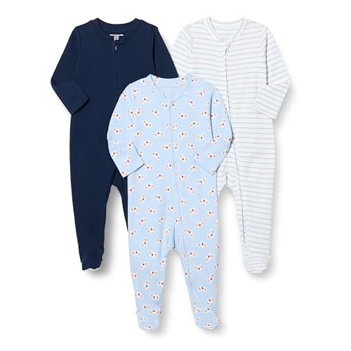 Amazon Essentials Unisex Baby Schlaf- und Spielanzug mit Fuß, 3er-Pack, Koala/Marineblau/Streifen, 6-9 Monate