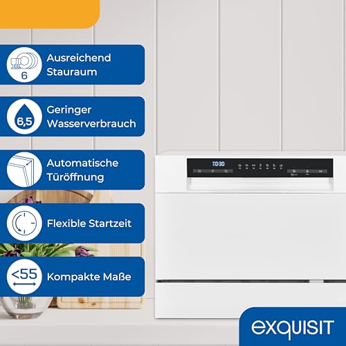 Exquisit Mini-Geschirrspüler, Tischspülmaschine, 55 cm breit, spülmaschine klein, Auto Türöffner, ECO-Modus, GSP5206-030D weiss