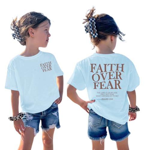 Image of Girls Faith Over Fear Christian Shirts for Kids Jesus God Bible Verse Religious Tshirt Cute Preppy Graphic Tees Tops