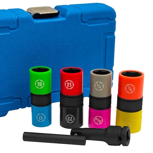 JEUCLEL 6PCS 8 Size 1/2" Drive Lug Nut Socket Set, Wheel Impact Flip Hex