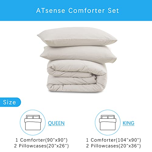 Atsense Queen Comforter Set Tannish Linen Grey, 3 Pieces 100% Washed Cotton Linen Feel, Soft Lightweight Warm Cream Beige Bed Set For All Season(1 Comforter, 2 Pillowcases) #TOP6