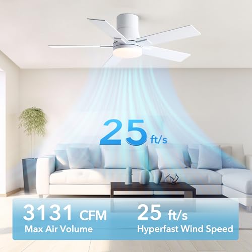 Image of Rayqueen 42 Inch Flush Mount White Ceiling Fans with Lights and Remote