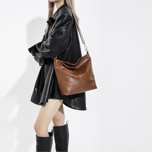 Image of Hobo Crossbody Bags for Women Vegan Leather Crossbody Bag Guitar Strap Purse Shoulder Bucket Bag Boho Tote Handbags Dark Brown