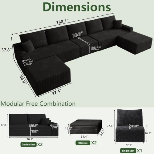 Image of Oversized Modular Sectional Sofa Couch, Large 7 Seater Corner Sofa Modern U Shaped Sectional Couch with Ottoman Cloud Couches for Living Room, Office, Spacious Space, Corduroy, No Assembly, Black
