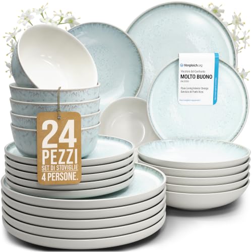 Set Piatti Moderni Ibiza per 6 Persone, 24 Pezzi in Steingut - Servizio di Piatti e Ciotole Mediterranei, Resistenti a Lavastoviglie, Microonde e Graffi - Pure Living beige-blu