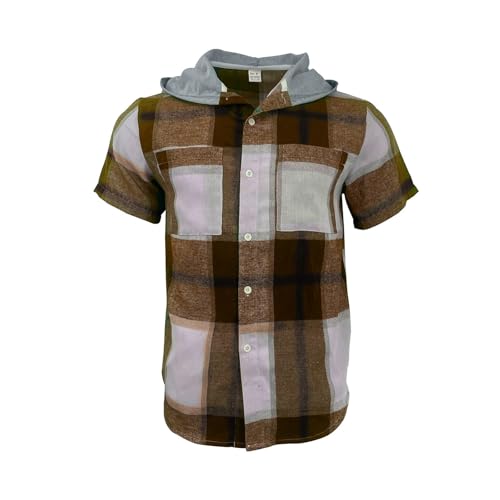 Hoodies for Men Plaid Short Sleeve Button Down Hooded Shirt Casual Short with Two Pocket2