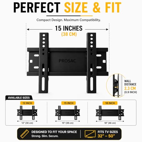 Image of PROSAC Heavy Duty TV Wall Mount Bracket for 32-50 Inches LED /HD /Smart TV'S, Universal Fixed TV Wall Mount Stand(15 Inch) Pack of 1