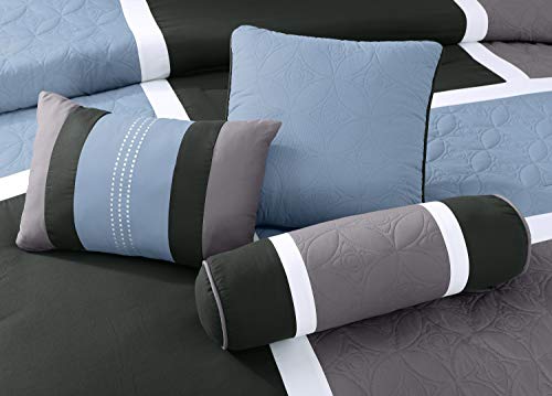 Chezmoi Collection 7-Piece Quilted Patchwork Comforter Set (King, Gray/Charcoal/Blue) - Thumbnail 4