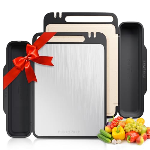 Comparison: Nyt Wirecutter Best Cutting Board 7 PURE-PREP Titanium Cutting Boards for Kitchen - Double Sided Cutting Board Pure Titanium/Wheat Straw PP with Collapsible Catch, Grater and Knife Sharpener - Metal Chopping Board Large 16” x 11”