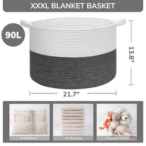 Image of INDRESSME XXXLarge Cotton Rope Basket 21.7 inch x 21.7 inch x 13.8 inch Woven Baby Laundry Baskets Blanket Basket Toy Baskets with Handle Storage Comforter Cushions Gray Laundry Hamper