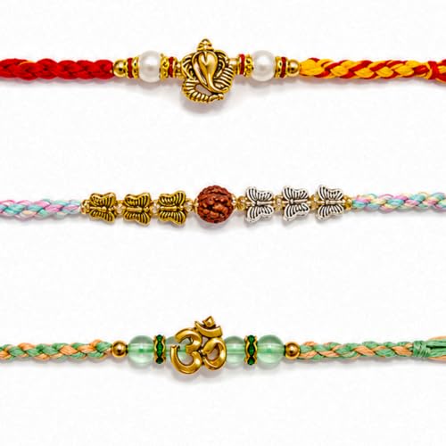 Image of Set of 3 Ganesha & Rudraksha Rakhi for Brother Rakhee for Brothers | Raksha Bandhan Om Rakhi for Brother Rakhi Set with Greeting Card & Roli