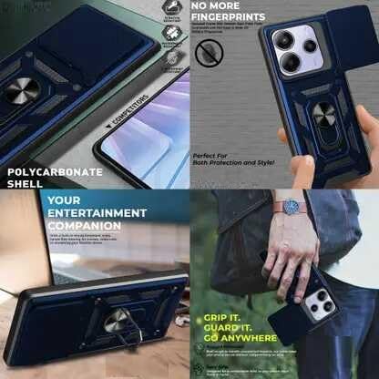 Image of SPAZY CASE Redmi Note 14 SE 5G Back Cover | Heavy Duty Hybrid Case with 360 Degree Rotating Finger Ring Holder + Slider Shutter Camera Protection Case for Redmi Note 14 SE 5G - Blue