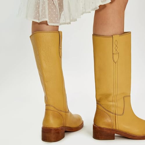 Vintage Knee High Boots for Women Round Toe Mid Calf Boots Pull on Comfortable Casual Chunky Low Heel Long Boots for Winter Fall3