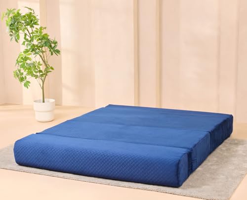 Image of uberlyfe Xtra High, Xtra Soft 3 Seater (5' x 6') Sofa Cum Bed | 1 Year Warranty | 17 inch Sofa Height | Queen Size Foldable Bed | Plush Laser Quilted Fabric | Deep Blue Color