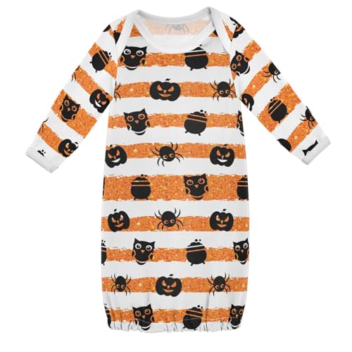 WIFIU Pumpkin Spider Halloween Baby Girls Boys Sleeper Gown Cotton Nightgown Long Sleeve, Orange Stripes Owl Baby Nightdress Sleeping Clothes for Newborn 0-3 Months