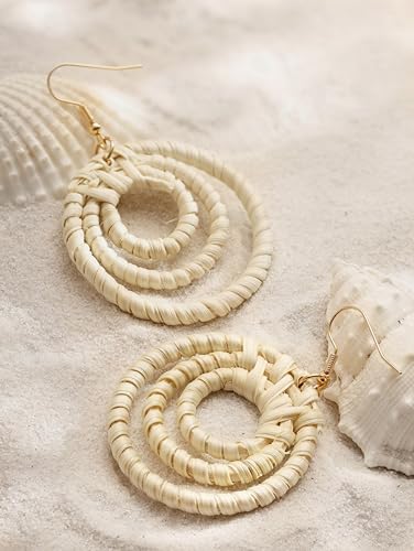 Image of MINACHI Boho Chic Handmade Rattan Wood Dangle Drop Earrings for Women, Bohemian Summer Beach Statement Jewelry Gift for Women