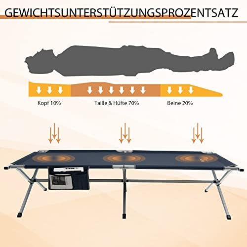 Generisch FANTASK Feldbett Klappbar XXL, 214,5 x 106 cm, Campingbett mit Seitentasche, tragbares Campingliege bis 150 kg belastbar, inkl. Tragetasche, Klappbett für Camping, Strand (Blau)
