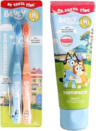 Bluey Set di 2 spazzolini da denti Bluey e dentifricio alla fragola, per bambini dai 3 agli 8 anni