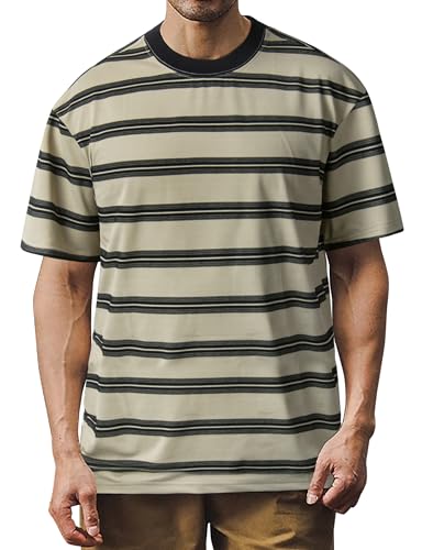 Derminpro Men's Stripe Crewneck Shirts Short Sleeve Loose Fit Casual T-Shirts Khaki Stripes Medium