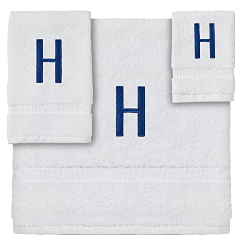 Juvale 3 Piece Letter H Monogrammed Bath Towels Set, White Cotton Bath Towel, Hand Towel, And Washcloth With Blue Embroidered Initial H For Wedding Gift, Bridal Shower #TOP22