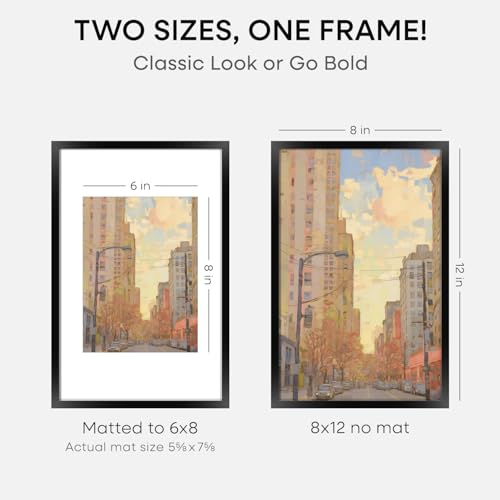 Image of Homeforia 8x12 Black Picture Frame, High-End Metal, 6x8 Mat, Glass | High End Aluminum, Tempered Glass, Acid-Free 6x8 Removable Mat, 8x12 in Edge-to-Edge Display 12x8, Wall Kit, Set Of 3