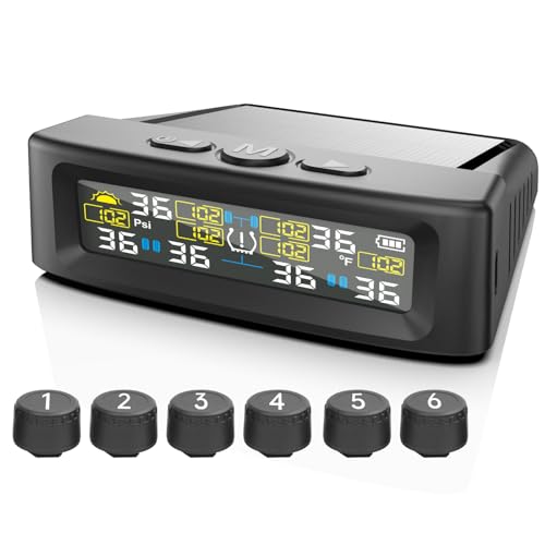 AOVSTOXIC RV Tire Pressure Monitoring System, 6-Wheel Real Time Wireless TPMS Sensors Set of 6 for Cars, SUVs & Light Trucks (0-9.9 BAR, 0-144 PSI, Solar/USB Charging)±3 PSI (6 Sensors)