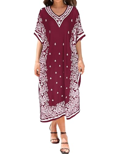 Image of Bloggerlove Women's Caftan Nightgown with Pockets, Long House Dress | Half Sleeve, Kaftan, Mumu Dress, Sleepwear, V-Neck, Full Length, Lounge Dress, 2 Side Pockets