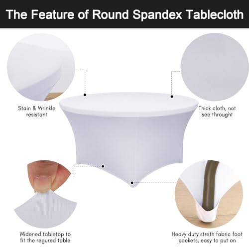 Image of Fixwal 4 Pack 60 Inch Round Tablecloth, Fitted Spandex Round Table Cloths - Washable White Stretchable Table Cover, Elastic Fabric for Wedding, Party, Restaurant, Christmas, Thanksgiving