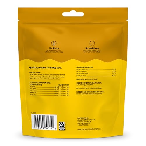 Amazon Basics Dog Treats Freeze Dried Raw Single Ingredient Chicken Breast, High Protein, Healthy Training Treats or Meal Topper for all Dogs, Grain-Free, 3 Oz (Pack of 1) (Previously Wag)