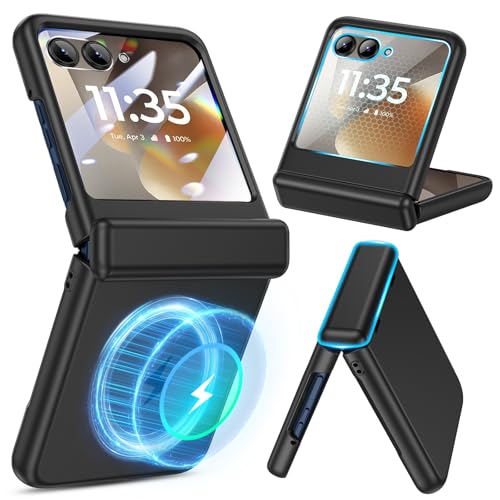 Magnetic for Motorola Razr 2026/2025/2024 Case with Built-in Screen Protector, for Moto Razr 2026/2025/2024 Case [Compatible with MagSafe][Hinge Protection] – Hard PC Shockproof Cover -Black