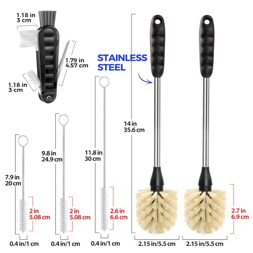 Image of Holikme 6 Pack Bottle Brush Tube Set, 14 inch Long Handle Stainless Steel Bottle Cleaner Brush, 3 Straw Brushes, Portable 3-in-1 Bottle Cleaning Brush for Water Bottle Cups Baby Bottle Straws, Yellow