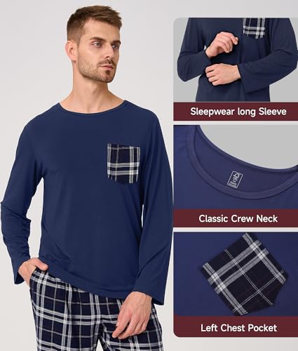 BAMBOO COOL Mens Christmas Pajamas Set Plaid Pjs Pijama Soft Lightweight Sleepwear Long Sleeve Woven Pants with Pockets3