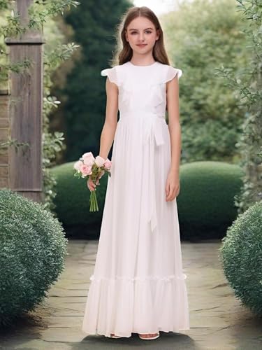 Chiffon Junior Bridesmaid Dress for Wedding Ruffle Sleeves Crew Neck Long Belt Party Formal Flower Girl Dress4