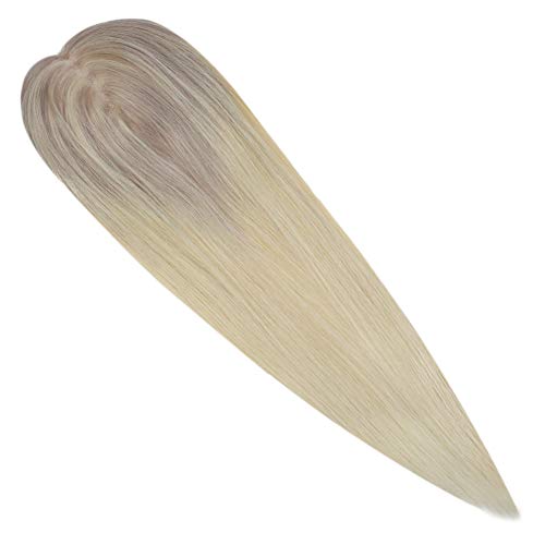 Ugeat Toupee for Women Human Hair Blonde Topper Hair Piece Human Hair Ash Blonde #18 to Blonde #22 with Platinum Blonde #60 Crown Hair Extensions 14inch