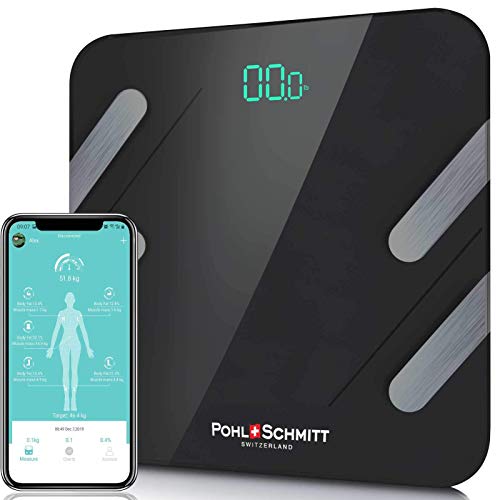 Pohl Schmitt Body Fat Bathroom Scale, Smart Digital Scale Tracks 13 Key Compositions, 8mm-Thick Glass, Syncs with All Phones, 400 lbs Black