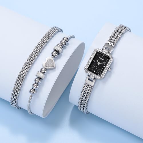 Premium BERNY Women's Silver Watch and Bracelet Set - Dainty Quartz Timepiece with Crystal Accents - Elegant Fashion Gift for Her - Image 4