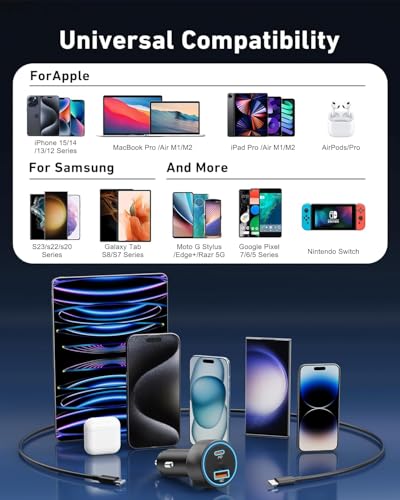Image of Universal 4-in-1 Car Charger | Retractable Cable | 55W Fast Charging | Type-C, Light-ning & USB Ports(55W Car)