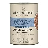 catz finefood Ragout N° 605 mokra karma dla kotów z łososiem i kaczką - delikatesowa karma dla kotów w sosie bez zbóż i cukru o dużej zawartości mięsa, puszka 6 x 380 g