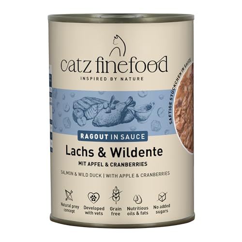 catz finefood Ragout N° 605 mokra karma dla kotów z łososiem i kaczką - delikatesowa karma dla kotów w sosie bez zbóż i cukru o dużej zawartości mięsa, puszka 6 x 380 g