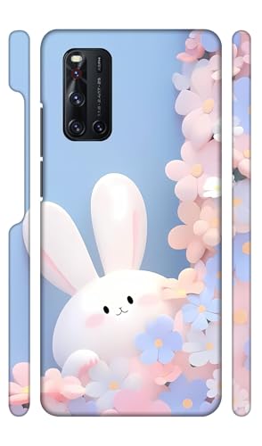 Image of White Bunny Blue Flowers Designer Printed Hard Back Cover for Vivo V19 Attractive and Uniquely Crafted Smartphone Case