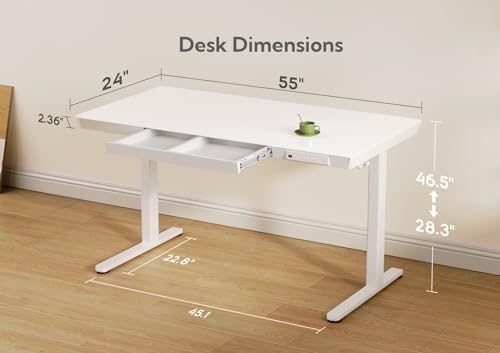 Image of Claiks Glass Standing Desk with Drawers & USB Ports 55x24 Inch, White